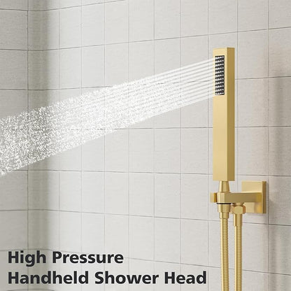 Gabrylly Shower System Gold, Rainfall Shower Faucet Set Complete, 12" High-Pressure Stainless Steel Rain Showerhead with handheld Shower Spray Combo, 2 Way Valve Included, Brushed Gold