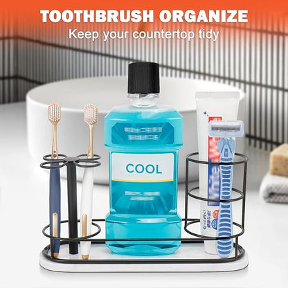 HarJue Toothbrush Holder Stand for Bathroom, Metal Toothbrush Organizer with Marble Base, Toothbrush Storage Collection for Family, Suitable for Home Hotel Countertop Vanity (Large, Matte Black)