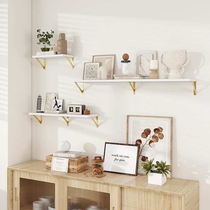 Deep Floating Shelves for Wall, 24W x 8D Wall Mounted Shelves Set of 2, Wide Display Ledge Shelf with Sturdy Metal Brackets for Living Room, Bathroom, Bedroom and Kitchen, White with Gold Brackets