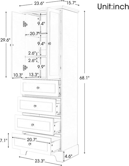 Favfurish 68" Tall Bathroom Storage Cabinet with Doors and 4 Drawers,Modern Linen Cabinets w/Adjustable Shelves & Anti-Tipping Device,Freestanding Organizer for Bath Room,Study,Office,Kitchen White
