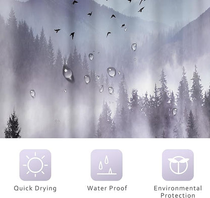 Riyidecor Stall Half Small Rv Shower Curtain 36Wx72H Inch Purple Mountain Camp Narrow Scenery Nature Woodland Pine Tree Bathroom Decor Fabric Polyester Waterproof 7 Pack Hooks