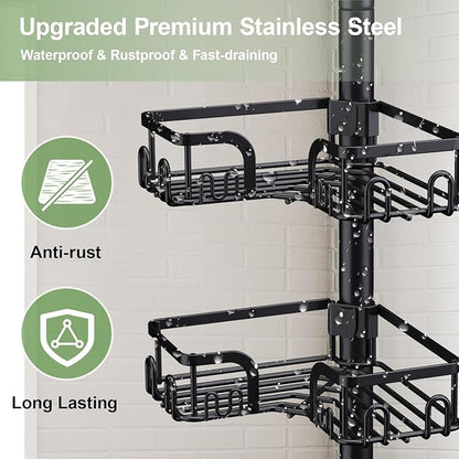 Corner Shower Caddy Tension Pole, 4-Tier Rustproof Bathroom Organizer Storage for Inside Shower Bathtub Shampoo,39 to 113 Inch Adjustable Floor Standing Shelves Black