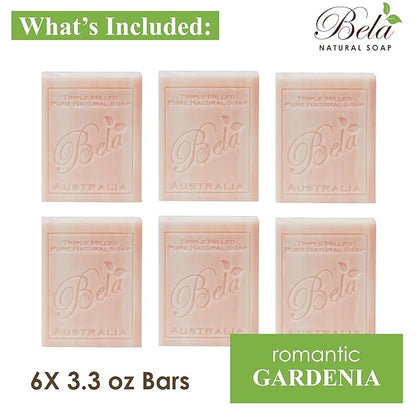 BELA Romantic Gardenia Soap 3.3 OZ Pack of 6, Long Lasting French Triple Milled Bar Soap with Organic Shea Butter Hand, Face and Body Wash Bar, Made in Australia