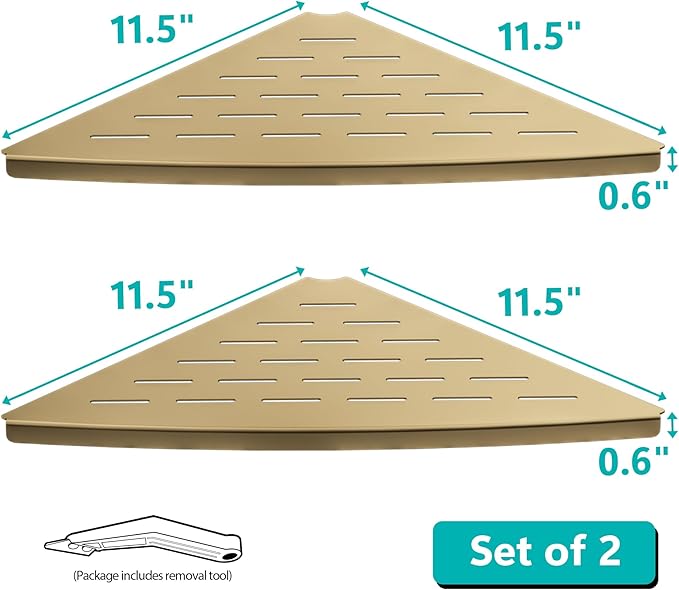 Corner Shower Shelf Brushed Golden, 304 Stainless Steel 11.5” Recessed Corner Shelf Bathroom for Tiled Wall, Floating Shower Shelves Shampoo Holder, No Drilling, 2 Pack