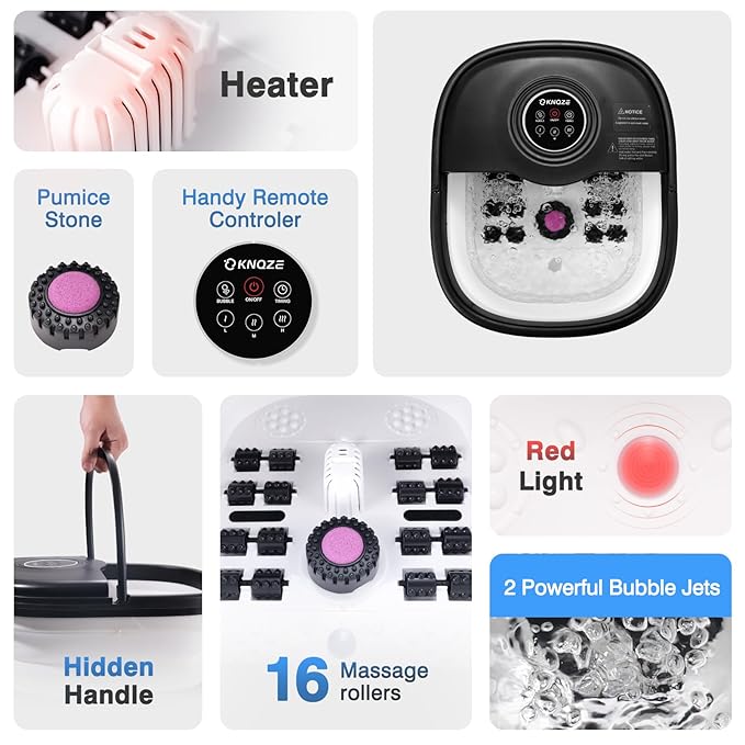 KNQZE Collapsible Foot Spa Bath with Heat, Remote Control, Temperature Control, Bubbles, Pumice Stone, Red Light, Timer, 16 Massage Roller Pedicure Foot Spa Foot Soaker for Soothe & Relax Tired Feet