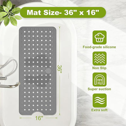 Silicone Bath Tub Mat Non Slip, 36"x16" Shower Foot Scrubber Mat with Drain Holes and Suction Cups, Upgraded Bathtub and Shower Mats, Machine Washable Bathtub Floor Liner Mats for Bathroom