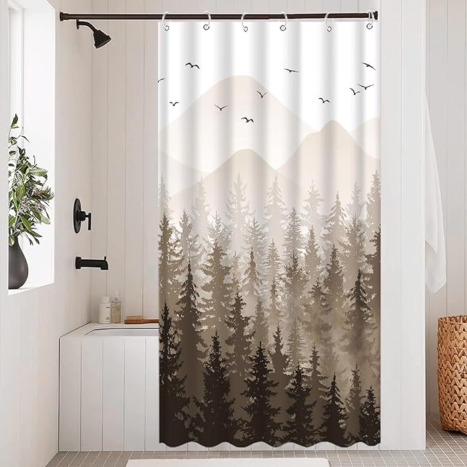 Aipon Brown Misty Forest Shower Curtain Ombre Nature Tree Plants Shower Curtains Fabric Waterproof Mountain Shower Curtain Sets for Bathroom Bath Decor (Brown, 36'' × 72'')