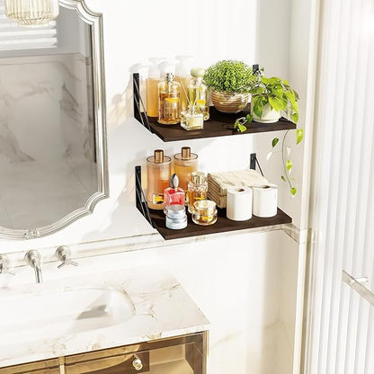 Love-KANKEI Deep Floating Shelves for Wall, 16" W x 12" D Wide Wall Shelves Set of 2, Rustic Large Wood Hanging Shelves for Storage, Bathroom Bedroom Living Room Kitchen Dark Brown