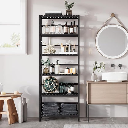 Bamjoy Bamboo Shelf, 6-Tier Bookshelf Adjustable Storage Shelves, Tall Shelving Unit Plant Stand, Storage Rack for Bathroom Home Office Living Room Kitchen, 23.6W x 10.2D x 63.4H Black