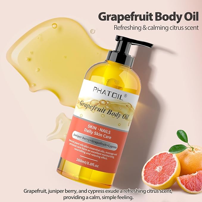PHATOIL Grapefruit Body Oil, 260ML Body Oils for Nourish Skin, Long-Lasting Nature Fragrance Oils, Premium Grapefruit Body Oil Great for All Skin Types - 8.8FL.OZ