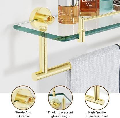 Towel Rack with Tempered Glass Shelf for Bathroom 20 Inch, Brushed Gold Floating Wall Mount Storage