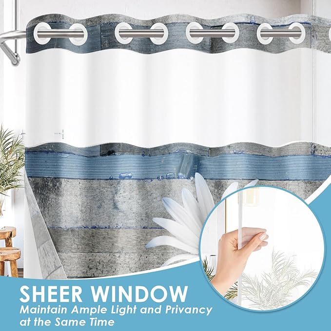 No Hook Blue Daisy and Butterfly Shower Curtain with Snap in Fabric Liner Set, Rustic Farmhouse Double Layers Waterproof Fabric with See Through Top Window Open Grommet Bath Curtain 71x86 Inch