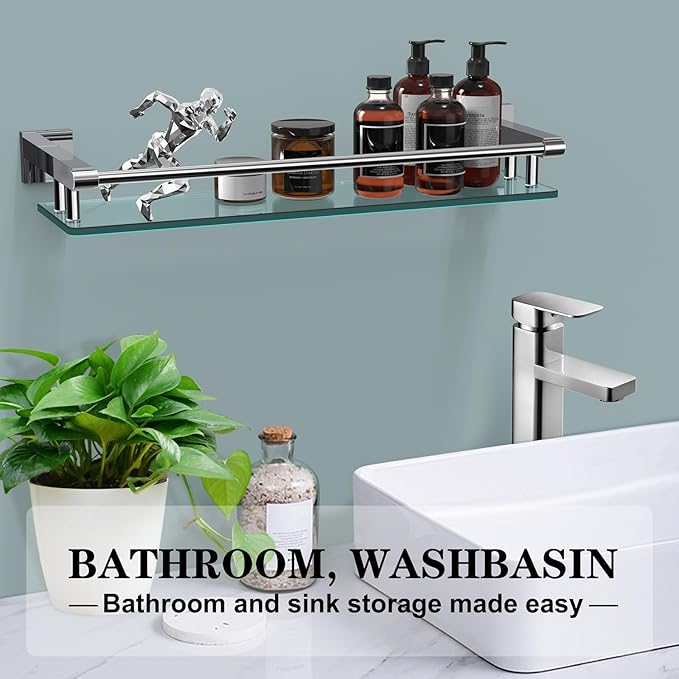 Glass Shelves for Bathroom, 20IN Rectangular Chrome Stainless Steel Tempered Glass Shelf Wall Mount Shelf Sink Over Toilet Modern Bathroom (Chrome Polished, 20‘’)