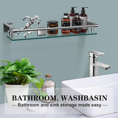 Glass Shelves for Bathroom, 20IN Rectangular Chrome Stainless Steel Tempered Glass Shelf Wall Mount Shelf Sink Over Toilet Modern Bathroom (Chrome Polished, 20‘’)