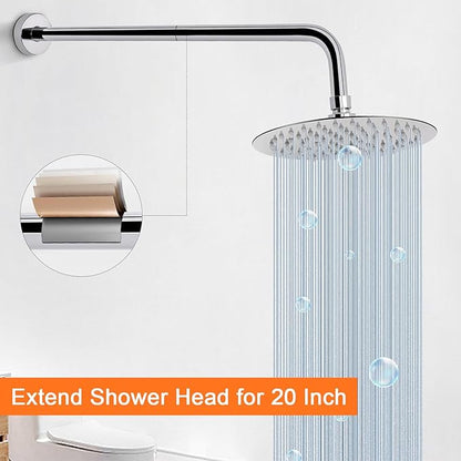 HarJue Shower Arm with Flange and Teflon Tape, Wall Mounted Shower Pipe 304 Stainless Steel Extension Arm for Fixed Shower Head & Handheld (20 Inch, Chrome)