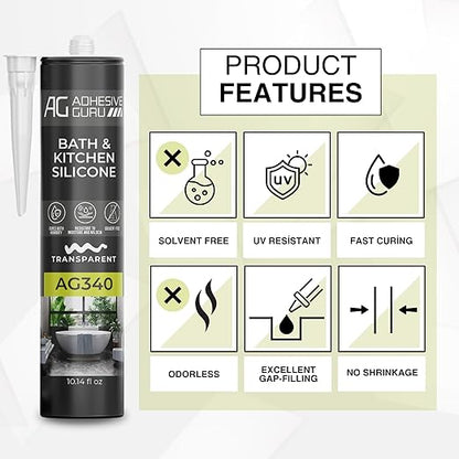 Adhesive Guru AG340 Clear Silicone Sealant (12x10.14 fl oz), 100% Silicone Caulk, Weatherproof & Flexible Adhesive Sealant for Bath and Kitchen, 12 Pack