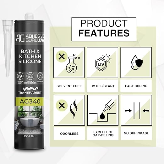 Adhesive Guru AG340 Clear Silicone Sealant for Bath and Kitchen(24x10.14 fl oz), 100% Silicone Caulk, Weatherproof & Flexible Adhesive Sealant, 24 Pack