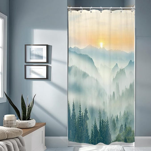 Riyidecor Small Stall Mountain Shower Curtain 36Wx72H Inch RV Narrow Green Yellow Sunset Sunrise Scenery Greenery View Landscape Woodland Bathroom Decor Fabric Polyester Waterproof 7 Pack Hooks