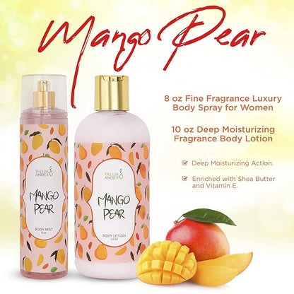 Home Spa Gift 10oz Deep Moisturizing Fragrance Body Lotion & 8 oz. Fine Fragrance Body Mist Set Luxury Self-Care Combo for Women and Girls (Mango Pear)