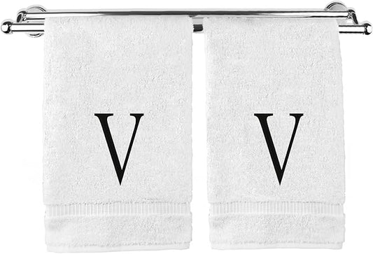 Monogrammed Hand Towel, Personalized Initial Gift, Extra Absorbent 100% Turkish Cotton - Soft Terry Finish - Set of 2 - Black Block Initial V - Embroidered on White Towels
