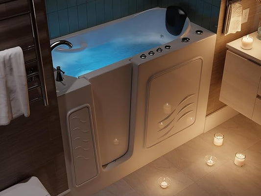 ANZZI Left Drain Walk-In Bathtub with 15 Whirlpool Jets in White | 53-60 x 26 in 115 Bubble Massage Jetted Hot Bath Tub with Waterfall Tub Filler Faucet and Handheld Shower Sprayer | AMZ5326LWD