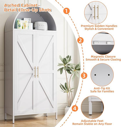 Farmhouse Kitchen Pantry Cabinet, 73in Tall Arched Storage Cabinet with Doors and Shelves, White Freestanding Cupboard for Laundry, Dining Room, Living Room, Bathroom