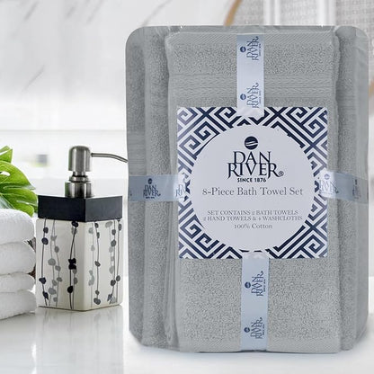 DAN RIVER 8 PC Luxury Bath Towels for Bathroom, 2 Bath, 2 Hand, and 4 Wash Cloths, 600 GSM 100% Ring Spun Cotton Towel Set, Highly Absorbent, Gym, Hotel, and Spa, Silver