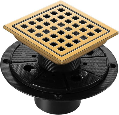 Shower Drain, Brushed Gold 4 inch Shower Floor Square Drain with Flange, Removeable Grid Panel SUS 304 Stainless Steel Square Shower Drain