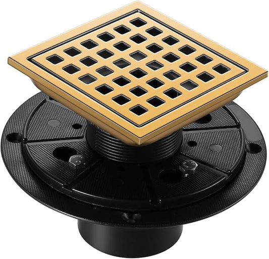 Shower Drain, Brushed Gold 4 inch Shower Floor Square Drain with Flange, Removeable Grid Panel SUS 304 Stainless Steel Square Shower Drain