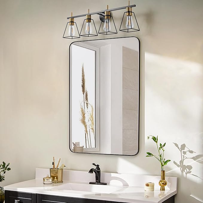Industrial Bathroom Vanity Lights: 4 Light Black and Gold Vintage Metal Cage Wall Sconce - Rustic Farmhouse Wall Light Fixture Over Mirror Cabinet for Bedroom Living Room