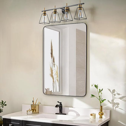 Industrial Bathroom Vanity Lights: 4 Light Black and Gold Vintage Metal Cage Wall Sconce - Rustic Farmhouse Wall Light Fixture Over Mirror Cabinet for Bedroom Living Room