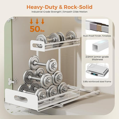 Delamu 2 Pack Metal Bathroom Organizers and Storage, 2 Tier Pull Out Under Sink Organizer with 2 Small Baskets, Adjustable Under Sink Shelf for Multipurpose Cabinet Organizer, White