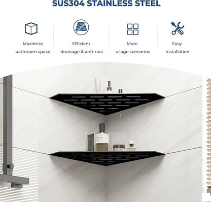 FerdY 2-Pack 10" Matte Black Recessed Corner Shower Shelf, for Tiled Bathroom Walls, 304 Stainless Steel Floating Shelf, Shower Caddy Storage Shelves, No Drilling Required, Striped Diamond