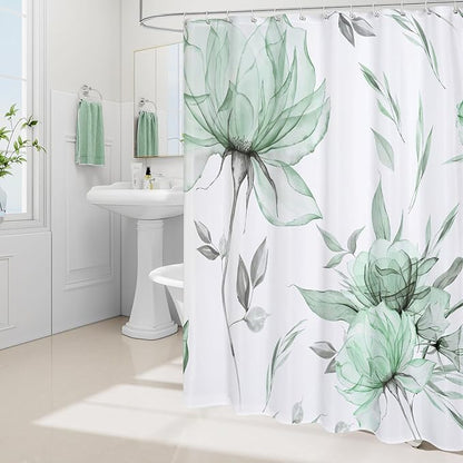 Small Stall Boho Watercolor Floral Shower Curtain 36 x 72, Green and Grey Ink Painting Style Flower Shower Curtains for Chic Elegant Bathroom, Artistic Narrow Half Size Shower Curtain