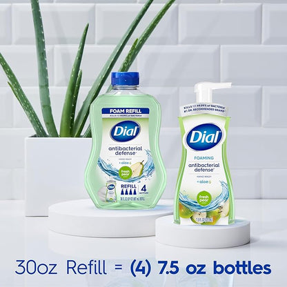 Dial Antibacterial Defense Foaming Hand Soap + Aloe, Fresh Pear Scent, 30 Fl Oz Hand Soap Refill (Pack of 4), Dermatologist-Tested, Gentle on Skin