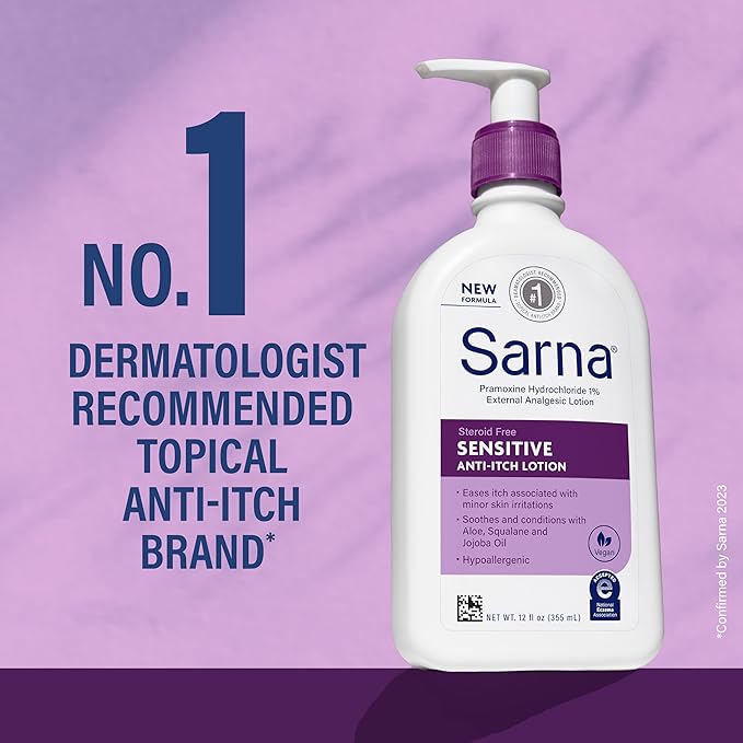 Sarna Sensitive Anti-Itch Lotion, Steroid-Free, Fragrance-Free, Vegan, Hypoallergenic, National Eczema Association Accepted, 1% Pramoxine Hydrochloride, 12 oz (Pack of 2)