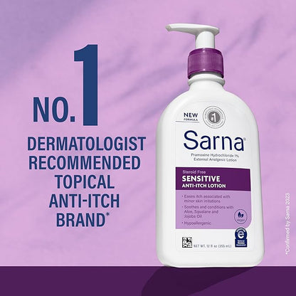 Sarna Sensitive Anti-Itch Lotion, Steroid-Free, Fragrance-Free, Vegan, Hypoallergenic, National Eczema Association Accepted, 1% Pramoxine Hydrochloride, 12 oz (Pack of 2)