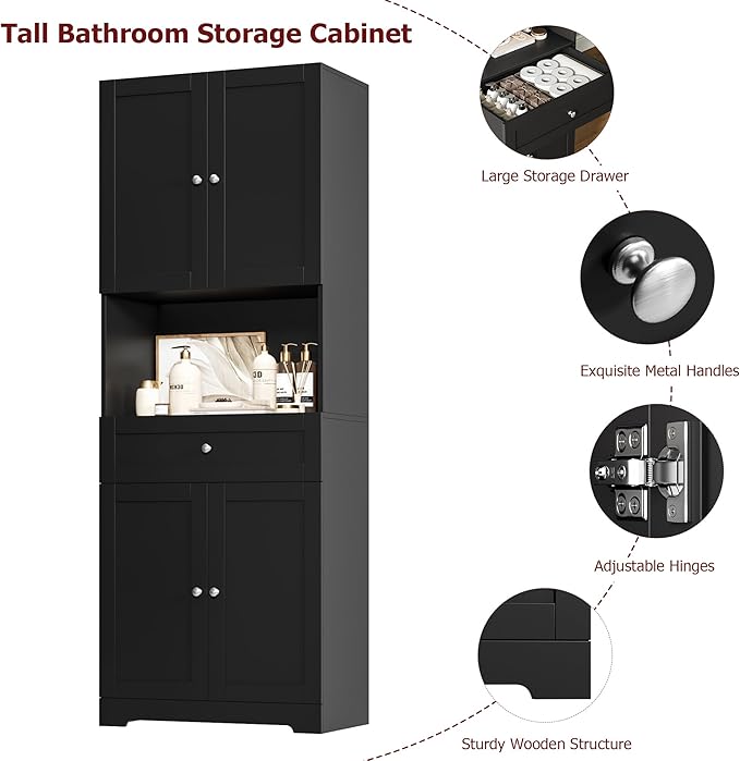 HIFIT Tall Bathroom Storage Cabinets, Modern Linen Storage Cabinet with 4 Doors & Shelves & Drawer, 67" H Tall Storage Cabinet Freestanding for Bathroom, Living Room, Kitchen & Dining, Pantry, Black