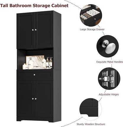 HIFIT Tall Bathroom Storage Cabinets, Modern Linen Storage Cabinet with 4 Doors & Shelves & Drawer, 67" H Tall Storage Cabinet Freestanding for Bathroom, Living Room, Kitchen & Dining, Pantry, Black