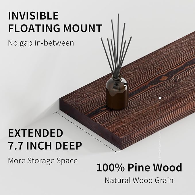 SAUMONIERES Floating Shelves 8 Inch Deep Solid Wood Wide Wall Shelf Set of 1 Wall Mounted for Bedroom Bathroom Living Room Kitchen, 55 Inch Walnut