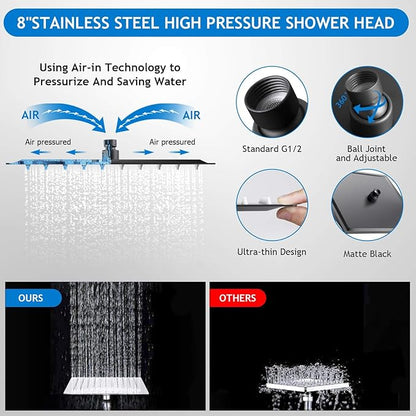 Shower Head Combo, 8 Inch High Pressure Rain with 11 Inch Adjustable Extension Arm and 5 Settings Handheld, Powerful Spray Against Low Water Pressure- Matte Black