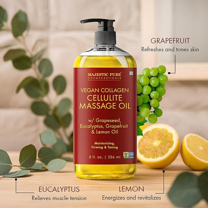 Majestic Pure Firming Body Massage Oil with Collagen – Helps Smooth The Appearance of Cellulite & Improve Skin Texture – Refreshing Aromatherapy Body Oil for Legs & Full Body – 8 Fl Oz, with Roller