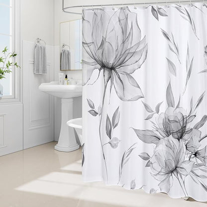 Grey Boho Watercolor Floral Shower Curtain, Ink Painting Style Blossom & Leaf Shower Curtains for Chic Elegant Bathroom, Artistic Fabric Cloth Flower Shower Curtain, 72x72