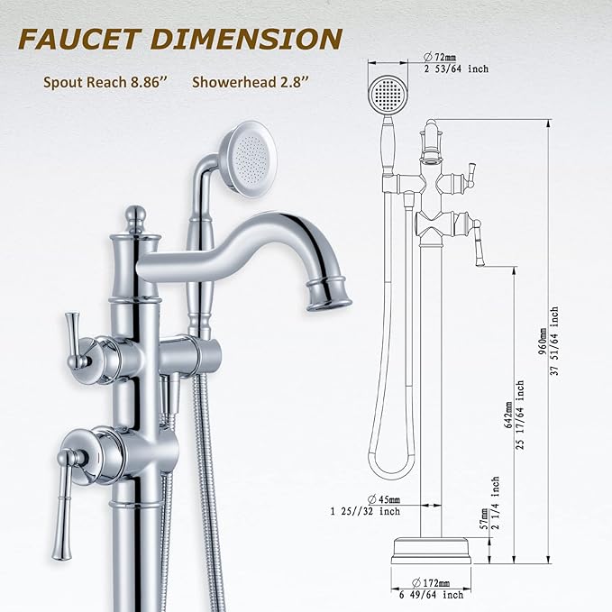 Freestanding Floor Mount Tub Filler with Handheld Shower Roman Bathtub Faucet by Chrome Finish, Swivel Spout with Brass Rough-in and Water Hose