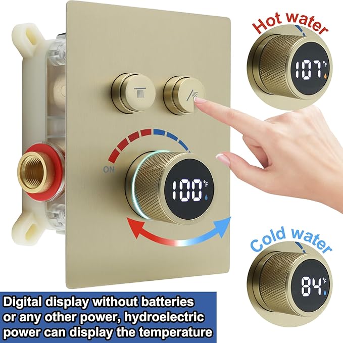 Digital Display Shower Valve Shower Valve 2 Way Shower Diverter Valve Shower Mixing Valve Can Use All the Time Brushed Gold