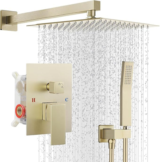 Shower Faucet set with Shower head, Wall Mount 10 Inch Square Rainfall Shower Head and Handle Set Single Handle Shower System Set with Female Threads Valve Body and Trim Included (Brush Gold)