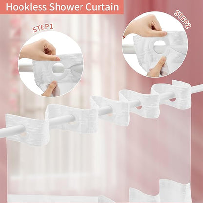 Hookless Shower Curtain with Snap in Liner 71" x 74" Double-Layer Waterproof Polyester Shower Curtain for Bathroom or Hotel Use,Removable Liner,Magnetic Hem,Large Rings,Machine Washable,White