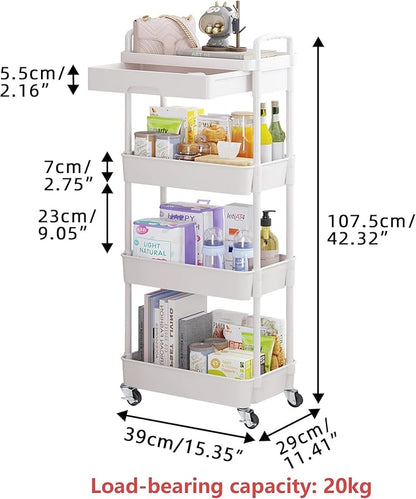 Calmootey 4-Tier Rolling Utility Cart with Drawer,Multifunctional Storage Organizer with Plastic Shelf & Metal Wheel,Storage Cart for Kitchen,Bathroom,Living Room,Office,White