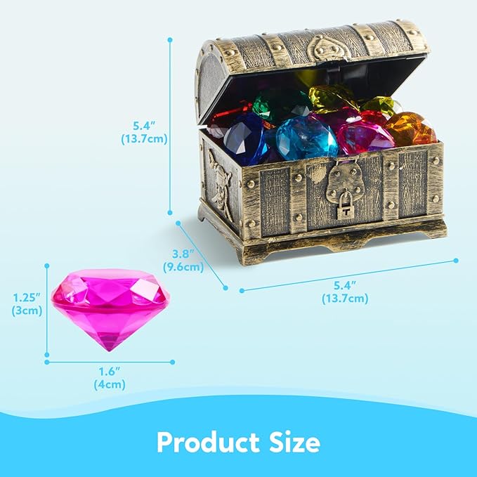 Sloosh Diving Gems Pool Toys, 16 Big Colorful Diamond with Pirate Treasure Chest,Swim Dive Toy for Kids Underwater Gemstone Swimming Training Gift Water Pool Games(Gold)