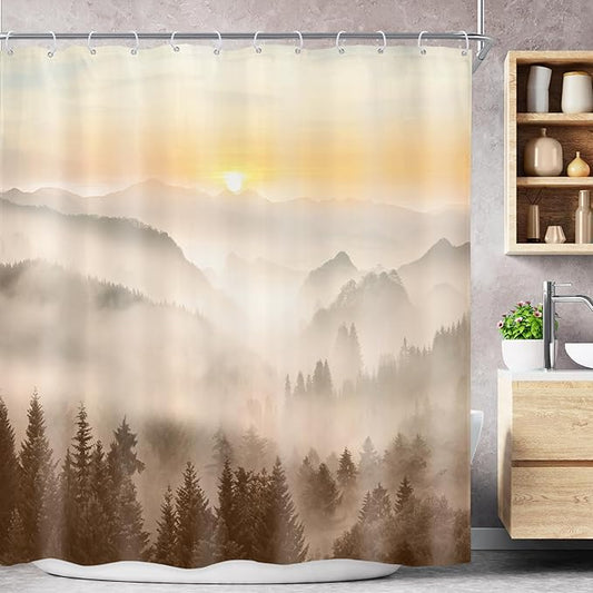 Riyidecor Misty Mountain Shower Curtain 72Wx72H Inch Brown Sunrise Nature Scenery Foggy Pine Tree Woodland Modern Natural Landscape Men Cool Bathroom Decor Fabric Polyester Waterproof 12 Pack Hooks